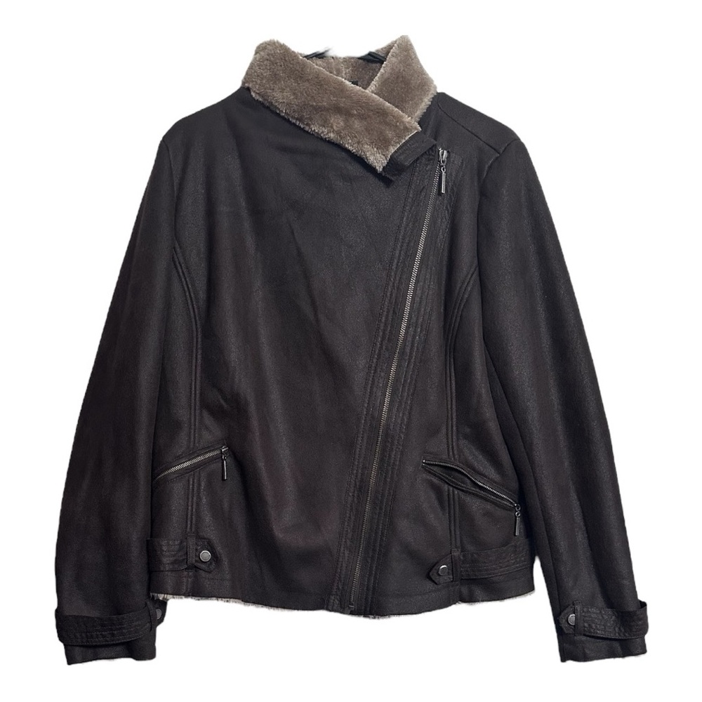 Weatherproof Woman’s Faux Suede Shearling Aviator Jacket Brown Cozy Size X-Large